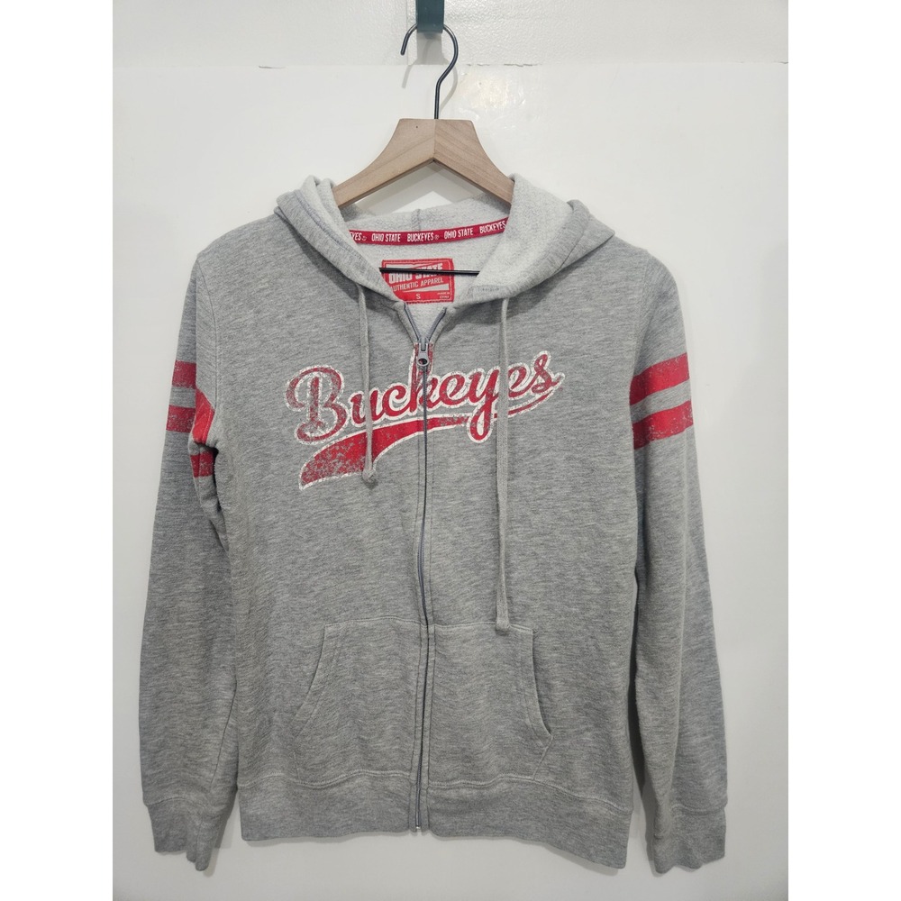 Ohio State Buckeyes Zip Up Hoodie Gray Red Distressed Graphic Sweatshirt Small